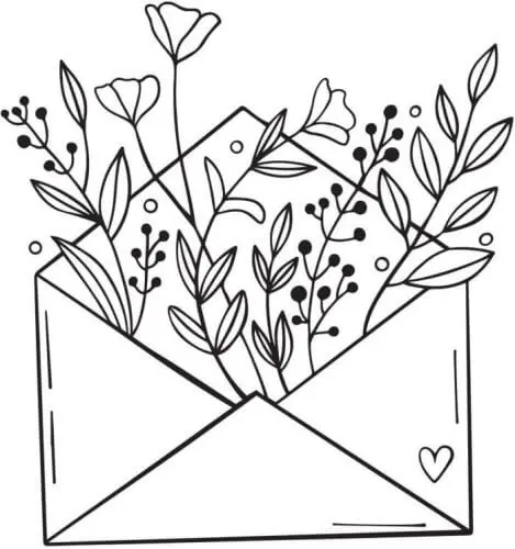 Dessin d'une enveloppe contenant des fleurs.